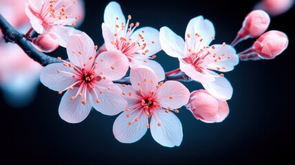   A close-up shot of a tree's branch with pink blossoms and a blue sky in the backdrop