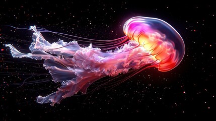   A vibrant jellyfish hovering against a dark canvas with a celestial sky behind it