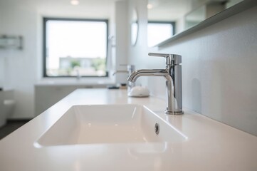 Sanitary sink featuring a shiny metal tap by a window in the bathroom