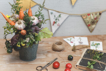 Rustic Harvest Still Life with Fresh Vegetables and Herbs