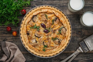 Rustic chicken and vegetable quiche with olives and cheese on a wooden surface, overhead shot with space for text.