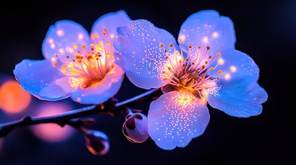   Close-up of a blooming flower on a branch with droplets glistening on its petals The background features a soft, out-of-focus haze