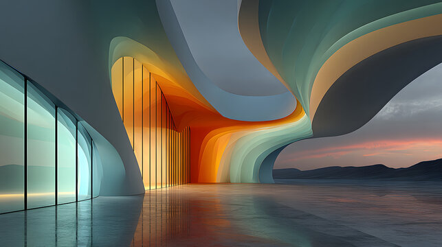 illustration of abstract wavy architecture backgrund, Minimal curved geomety architectural design, Ca presentation backdrop wit empty concrete floor, Floing geometric glass buildig design