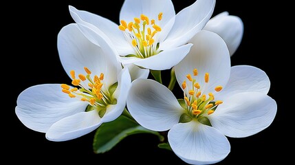   A collection of white blossoms surrounded by green stems against a black backdrop, featuring golden stamens in the petals' center