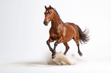 Obraz premium Equine leaping over sand against a plain white backdrop