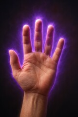 Palm of an outstretched hand showing a violet energetic glow symbolizing the aura and bioenergetic field, representing spiritual strength, healing, vital energy, and connection to the transcendental.