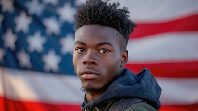 A young man with a distinctive mohawk hairstyle stands near the American flag, ready to make a statement