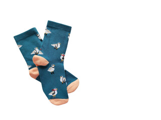 Bright children's multi-colored socks with decorative pattern, top view	