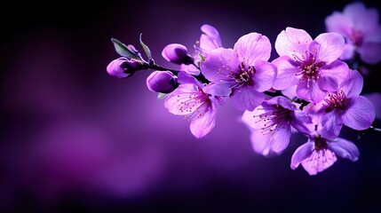   A close-up of several flowers on a branch with purple lighting in the background and a blurred background
