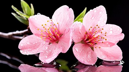   Pink flowers on water in front of black background with green leaves