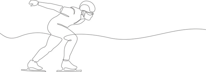  One line drawing of a speed skater in racing suit and helmet on ice. Minimalist linear illustration. Winter sports and games concept. 
