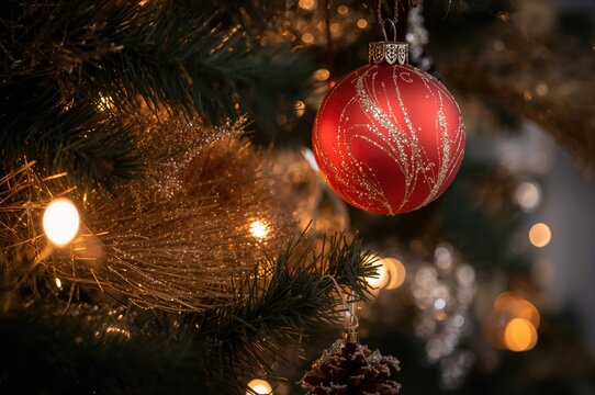Nighttime winter scene featuring a magical holiday tree adorned with decorations and a red bauble ornament. Softly focused horizontal shot.