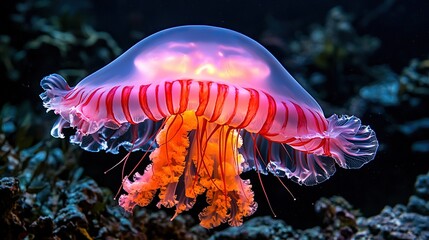   A macro shot of a jellyfish in an aquarium surrounded by vibrant coral and black background water