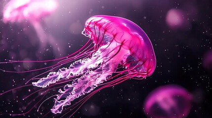   A macro shot of a jellyfish in clear water, with numerous bubble formations beneath it