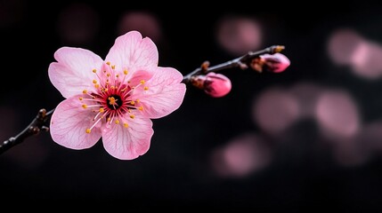    a close-up pink flower on a tree branch with a blurry bokeh background