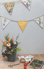 Rustic Harvest Still Life with Fresh Vegetables and Herbs