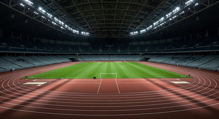 Empty Modern Stadium with Running Track and Soccer Field.