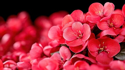   A few clusters of vibrant red blossoms resting atop a mound of verdant foliage, positioned over a sea of scarlet petals