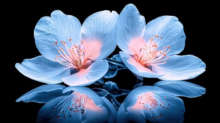   Blue flowers atop black table near glass vase with water