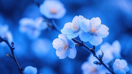   A close-up of a blue flower on a tree branch against a blue sky in the background