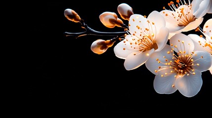   A white flower on a tree branch against a dark background, with a black sky in the backdrop