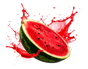 A top-down composition of a watermelon splitting in midair, juice and seeds flying in all directions, dramatic frozen-motion effect, isolated on a transparent background.