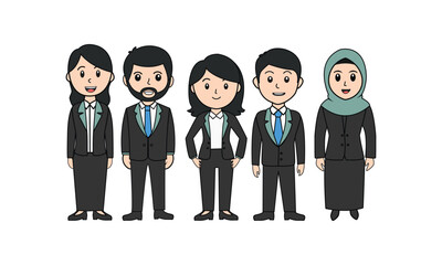 Cartoon business team illustration with men and women in formal suits, including hijab character. Perfect for office concept, teamwork, corporate design, education, and professional vector art.
