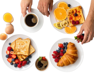 Top-Down View of Couple Sharing Breakfast, Plates and Drinks Visible, Isolated
