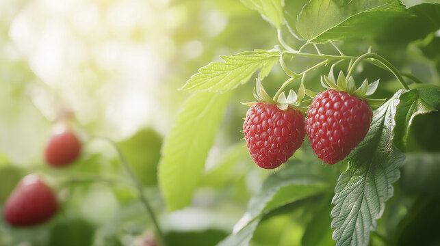 Ripe raspberries in a summer garden with red berries, fresh and green leaves - Powered by Adobe