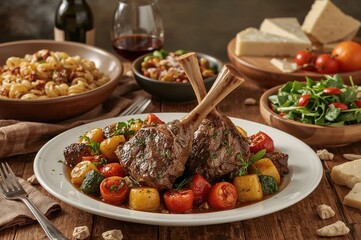 Roasted lamb shanks paired with a medley of baked vegetables