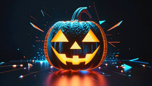 Vibrant neon jack-o'-lantern glows with energetic digital sparks for a modern Halloween celebration - Powered by Adobe