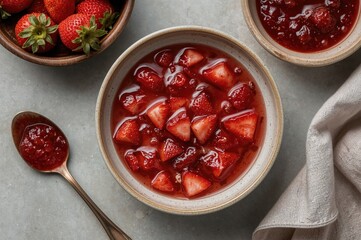 Top view of a bowl filled with homemade strawberry jelly jam dessert