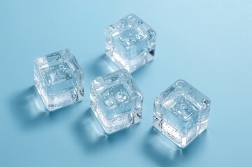 Clear water droplets on blue surface with square ice cubes