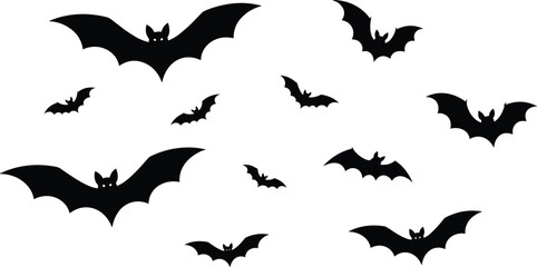 A swarm of black bat silhouettes flying together, creating a spooky and mysterious atmosphere perfect for Halloween decorations or nocturnal themes for various design projects