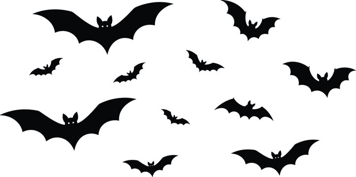 A swarm of black bat silhouettes flying together, creating a spooky and mysterious atmosphere perfect for Halloween decorations or nocturnal themes for various design projects