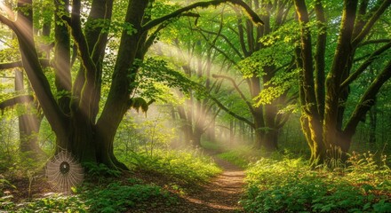 Fototapeta premium Magical Sunbeams Shining Through Trees in a Lush Green Forest.