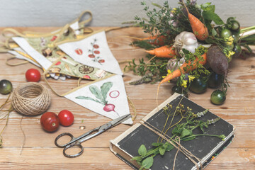 Rustic Harvest Still Life with Fresh Vegetables and Herbs