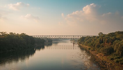 Obraz premium Scenic river view with an iconic steel bridge and lush greenery