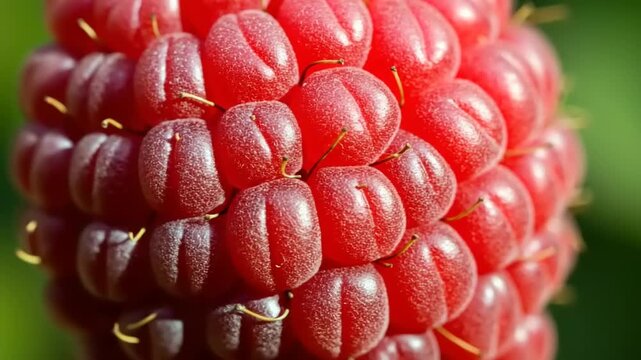 Close-up of vibrant raspberry on green background