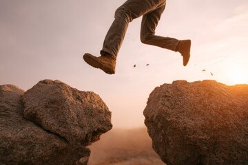 A person boldly leaps across a rocky chasm, symbolizing courage, determination, and the overcoming of obstacles.