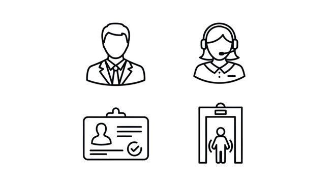 Vector illustration of collection of four security and identification icons including a person icon, a headset icon, an id card icon, and a security gate icon
