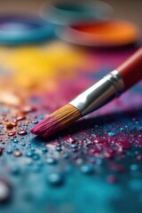 Fototapeta premium Close-up shot of a paintbrush resting on a painter's palette, bristles still wet with vibrant paint, ready for the next stroke of artistic creation , closeup, wood, palette