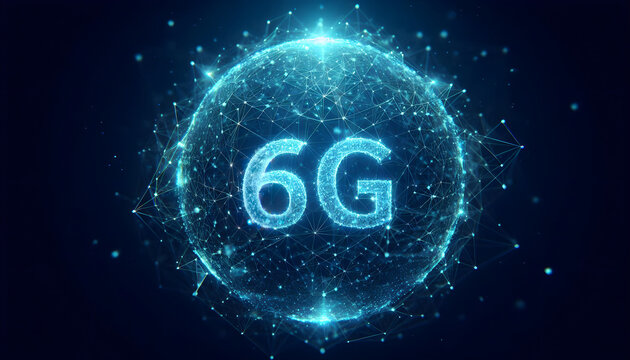 Futuristic digital sphere with glowing 6G text and global network connections, symbolizing next generation wireless technology, innovation, speed, and communication in modern connectivity, polygon