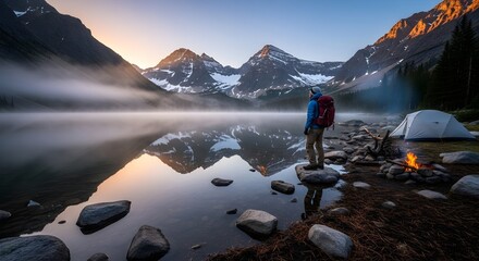 Solo adventurer enjoys a breathtaking mountain lake sunrise, reflecting majestic peaks amidst morning mist, with a cozy campfire and tent.