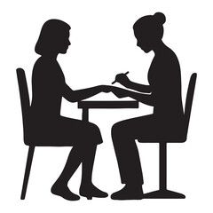 Vector art of silhouette of a manicurist doing nails at a table