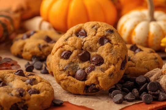 Soft chocolate chip cookies made with pumpkin puree