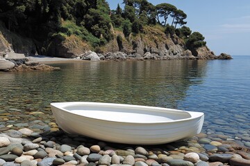 Serene white boat perched on stones by the calm waters of a secluded beach at midday