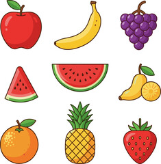 Create a Fruit vector emoji illustration. Food and beverages, fruits symbols, emojis, emoticons, stickers, icons Vegetables, cakes, vector illustration flat icons set, collection. vector art.