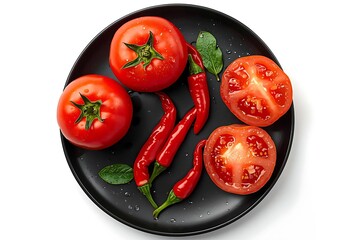 Fresh Tomatoes and Chili Peppers - Vibrant tomatoes and chili peppers on a black plate. Perfect for food photography and healthy eating themes.