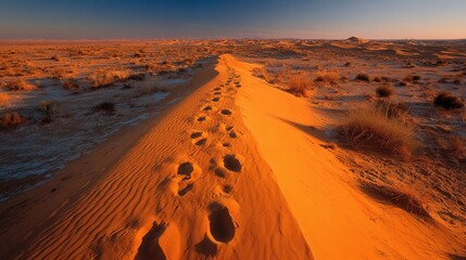 Footprints ascending golden sand dune in warm desert light